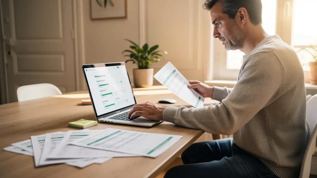 Une personne compare différentes offres d'assurance emprunteur à son domicile en utilisant un ordinateur portable et des documents imprimés étalés sur son bureau.