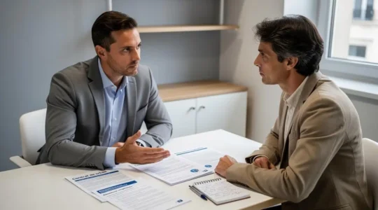 Un conseiller bancaire présente des documents d'assurance crédit à un client lors d'un rendez-vous dans une agence, les deux personnes consultent ensemble les options disponibles sur la table.