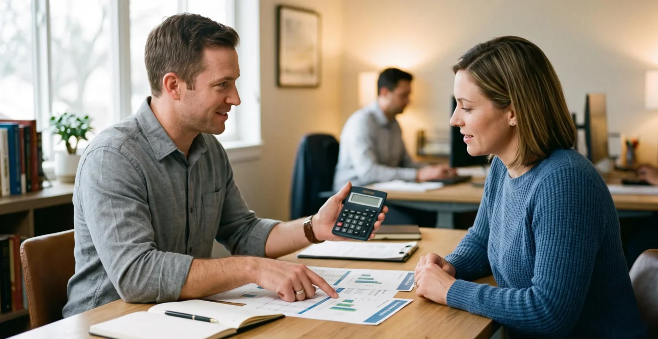 Un conseiller financier présente des calculs d'économies sur une calculatrice à un client lors d'une consultation
