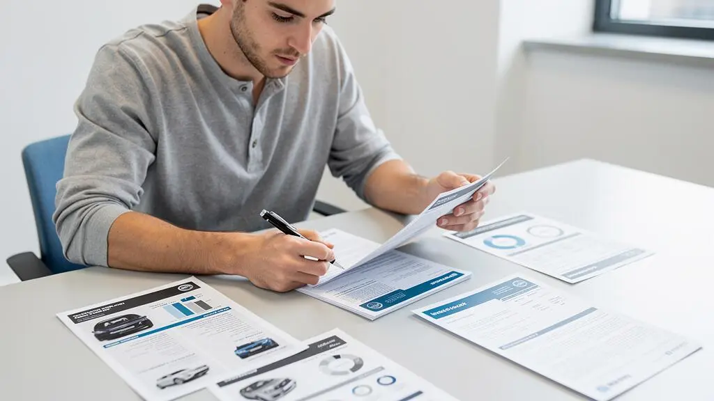 Une personne consulte attentivement des documents de financement automobile, stylo en main, en lisant les conditions de crédit et d'assurance proposées.