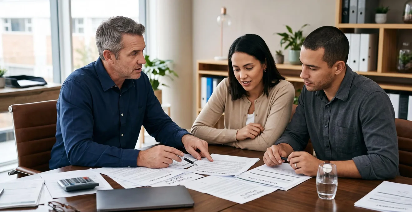 Un couple consulte un conseiller financier qui examine avec eux plusieurs documents d'assurance emprunteur sur un bureau