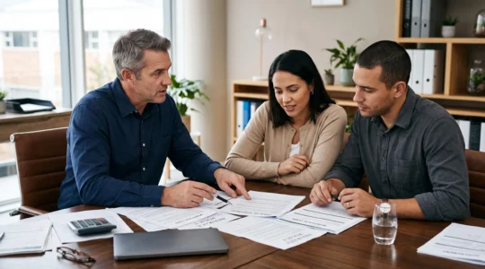 Un couple consulte un conseiller financier qui examine avec eux plusieurs documents d'assurance emprunteur sur un bureau