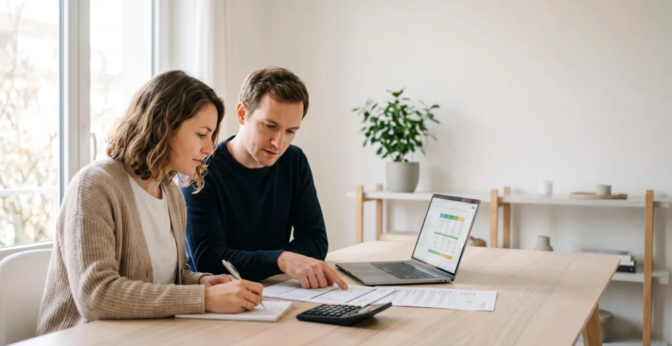 Couple de trentenaires consultant ensemble des documents d'assurance emprunteur et un ordinateur portable sur une table contemporaine dans un intérieur lumineux