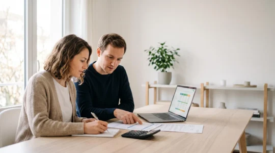 Couple de trentenaires consultant ensemble des documents d'assurance emprunteur et un ordinateur portable sur une table contemporaine dans un intérieur lumineux