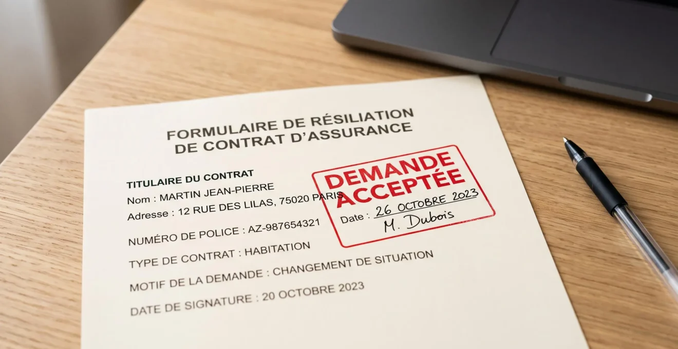 Document de résiliation d'assurance emprunteur avec tampon d'acceptation rouge posé sur un bureau contemporain, stylo à côté
