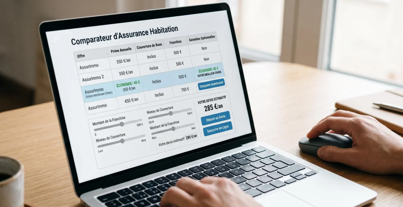 Écran d'ordinateur portable affichant une interface de comparateur d'assurance emprunteur en français avec tableaux comparatifs et montants d'économies