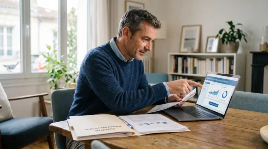 Un épargnant compare à domicile un contrat d'assurance-vie papier de banque avec un contrat en ligne affiché sur son ordinateur portable.